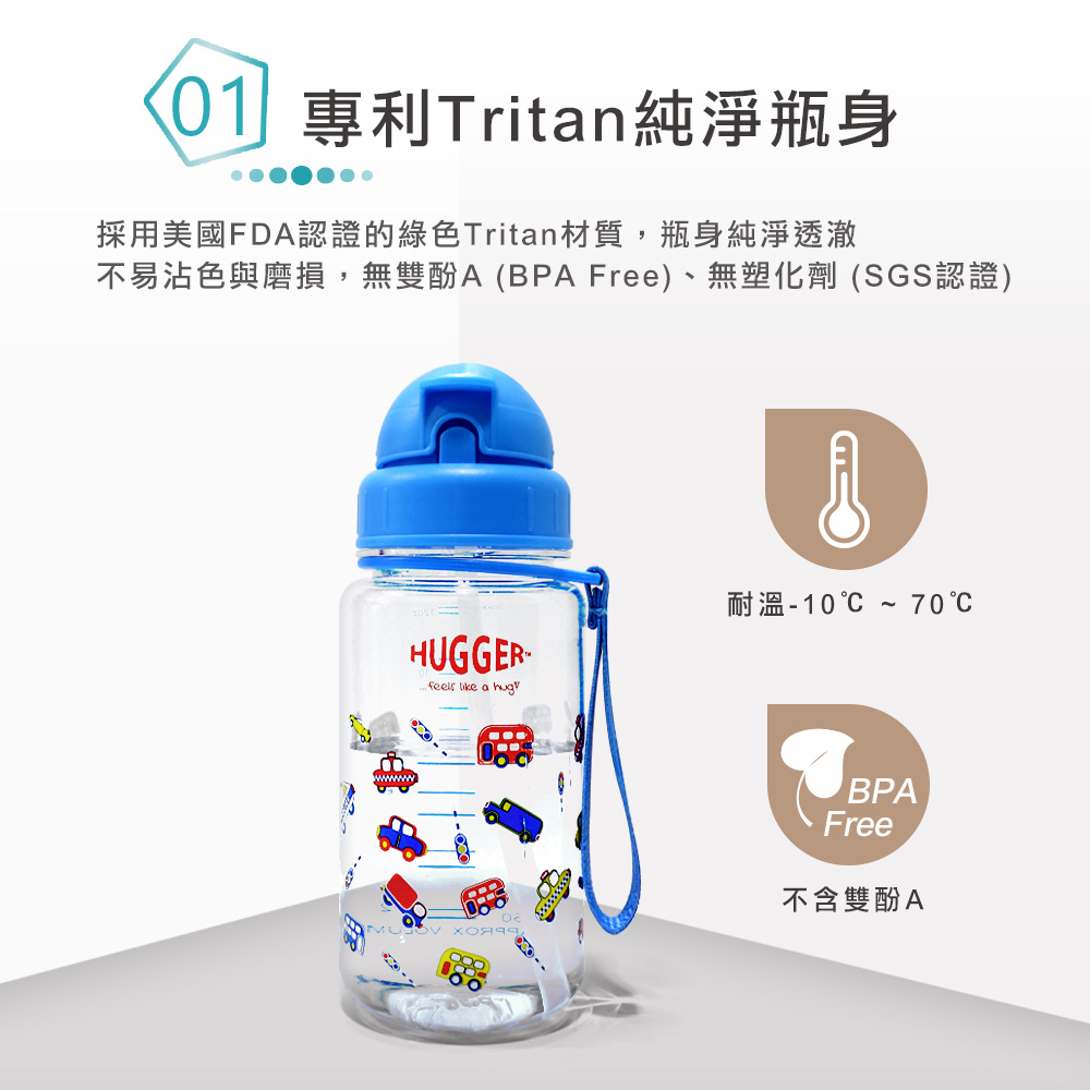 HUGGER吸管水壺 瓶身採用美國FDA認證的綠色環保材質Tritan 玩具車