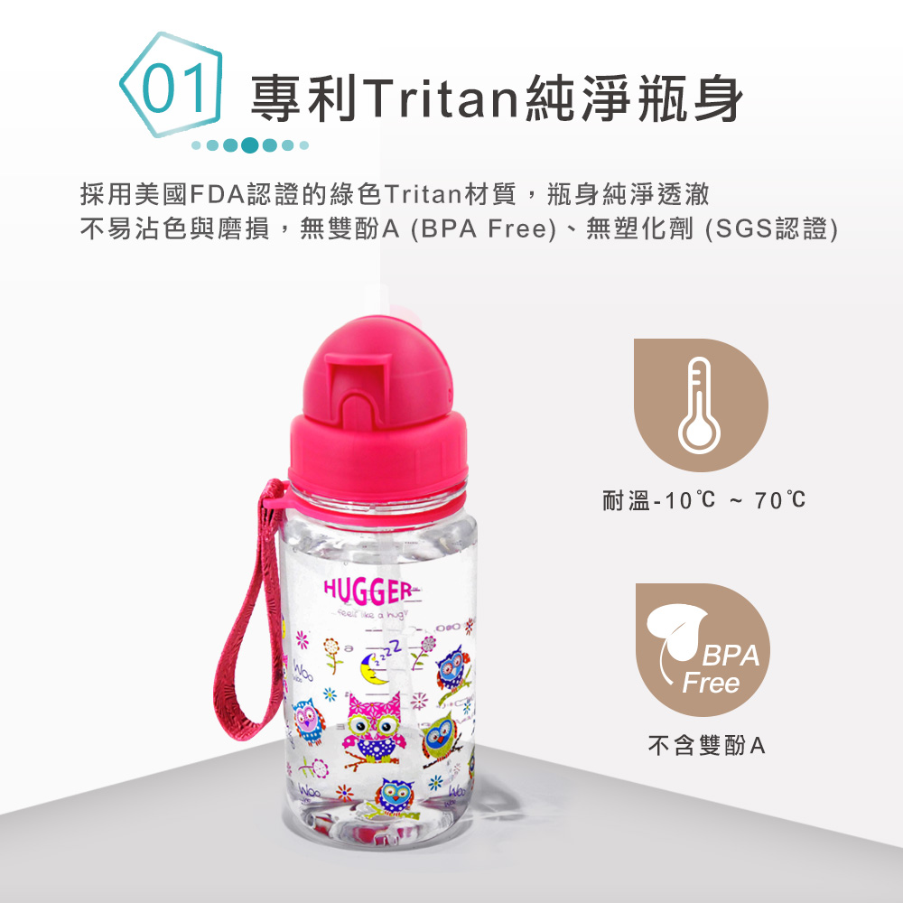 HUGGER吸管水壺 瓶身採用美國FDA認證的綠色環保材質Tritan 貓頭鷹