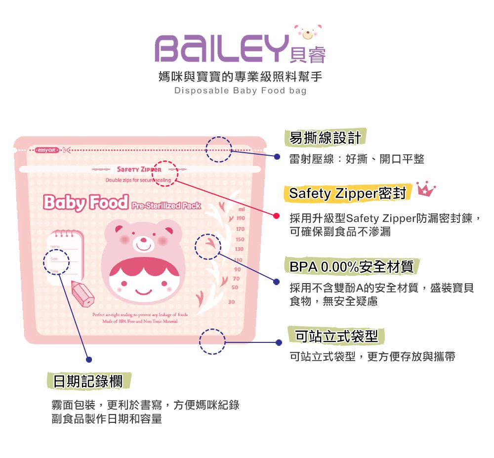 韓國BAILEY副食品儲存袋 190ml 30入 